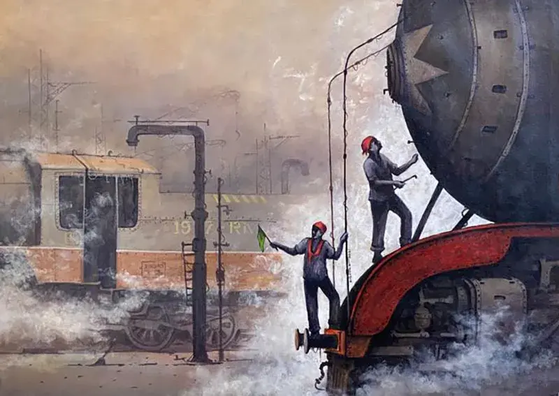 Steam locomotives worker working in the workshop