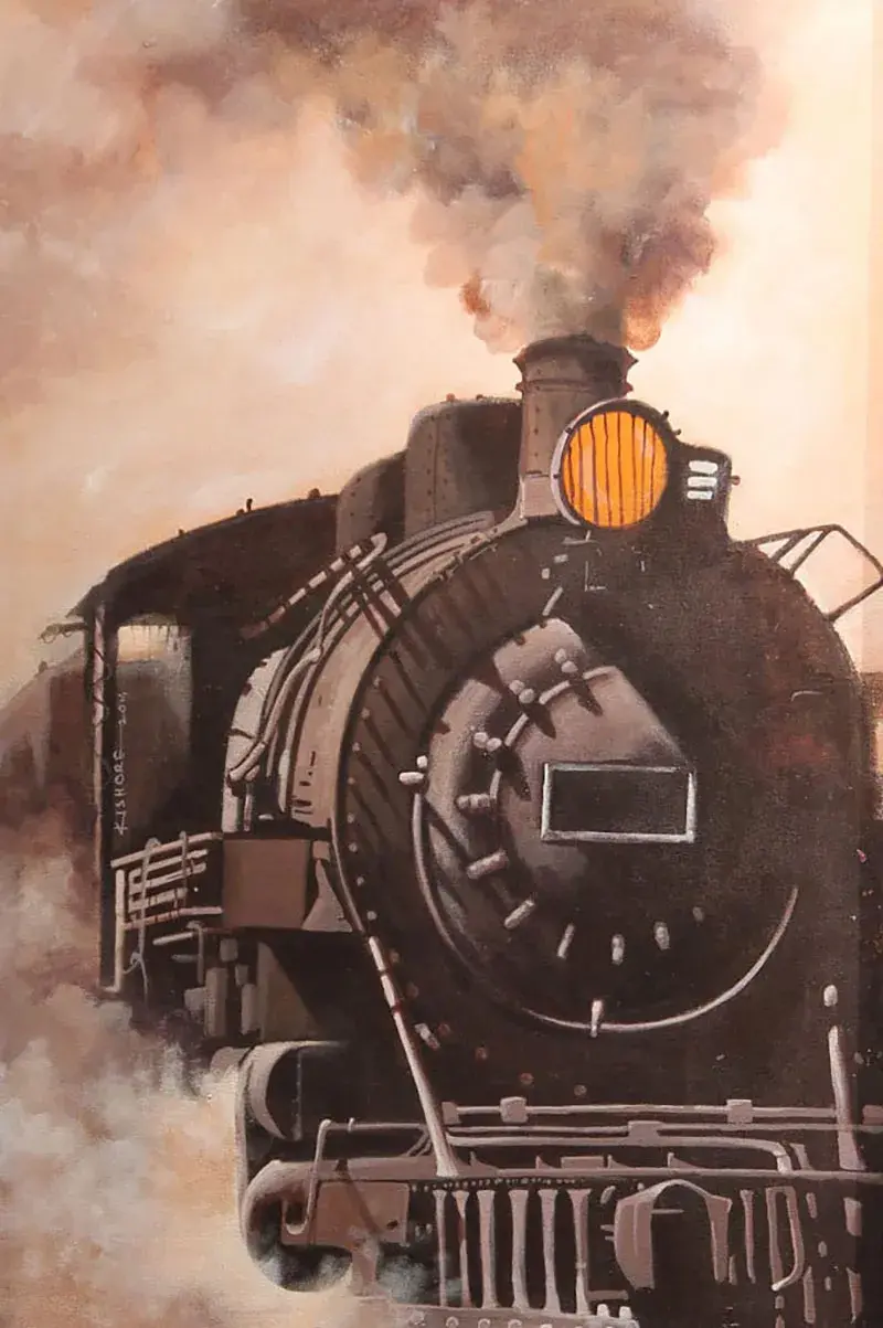Black and white steam locomotive paintings