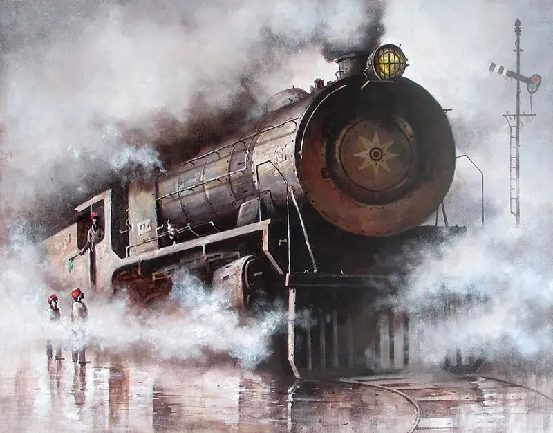 Steam locomotive painting on canvas