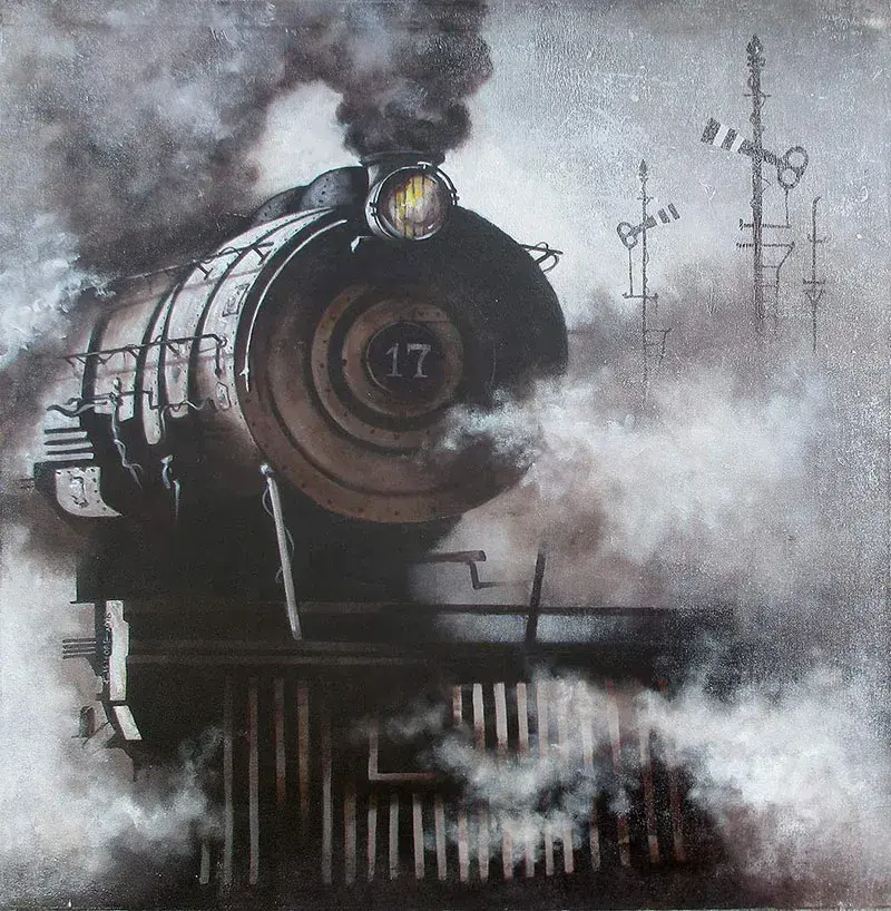 Black and white steam locomotive paintings