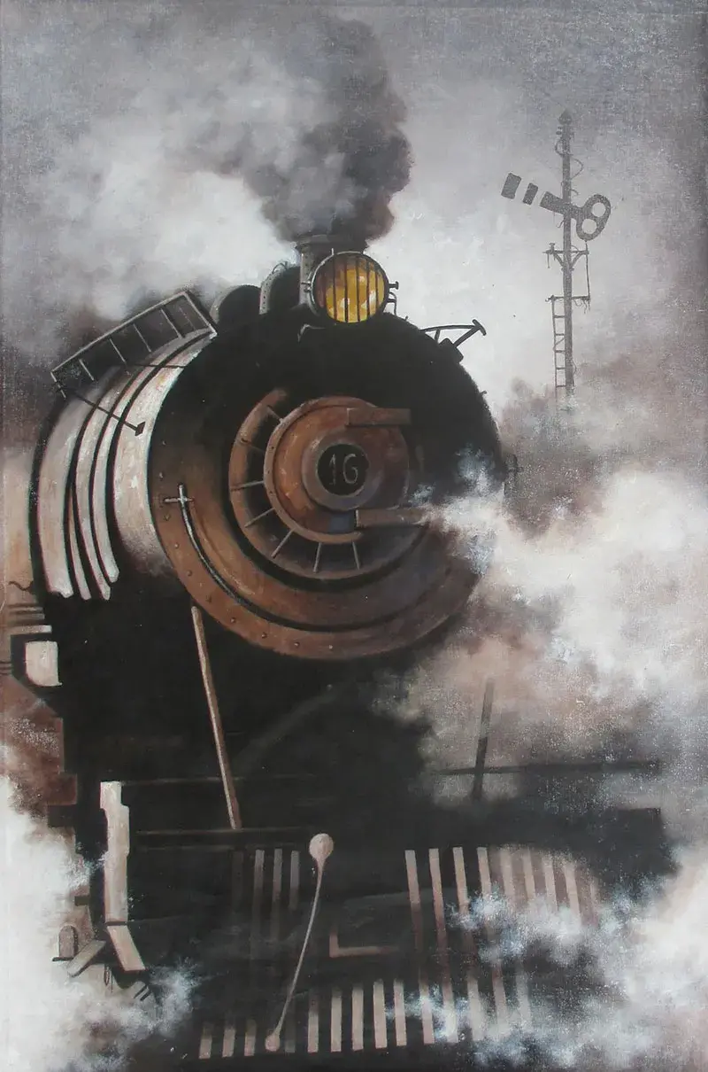 Black and white steam locomotive paintings