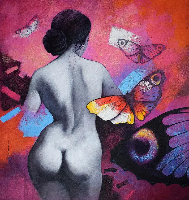 nude female figure painting by kishore biswas